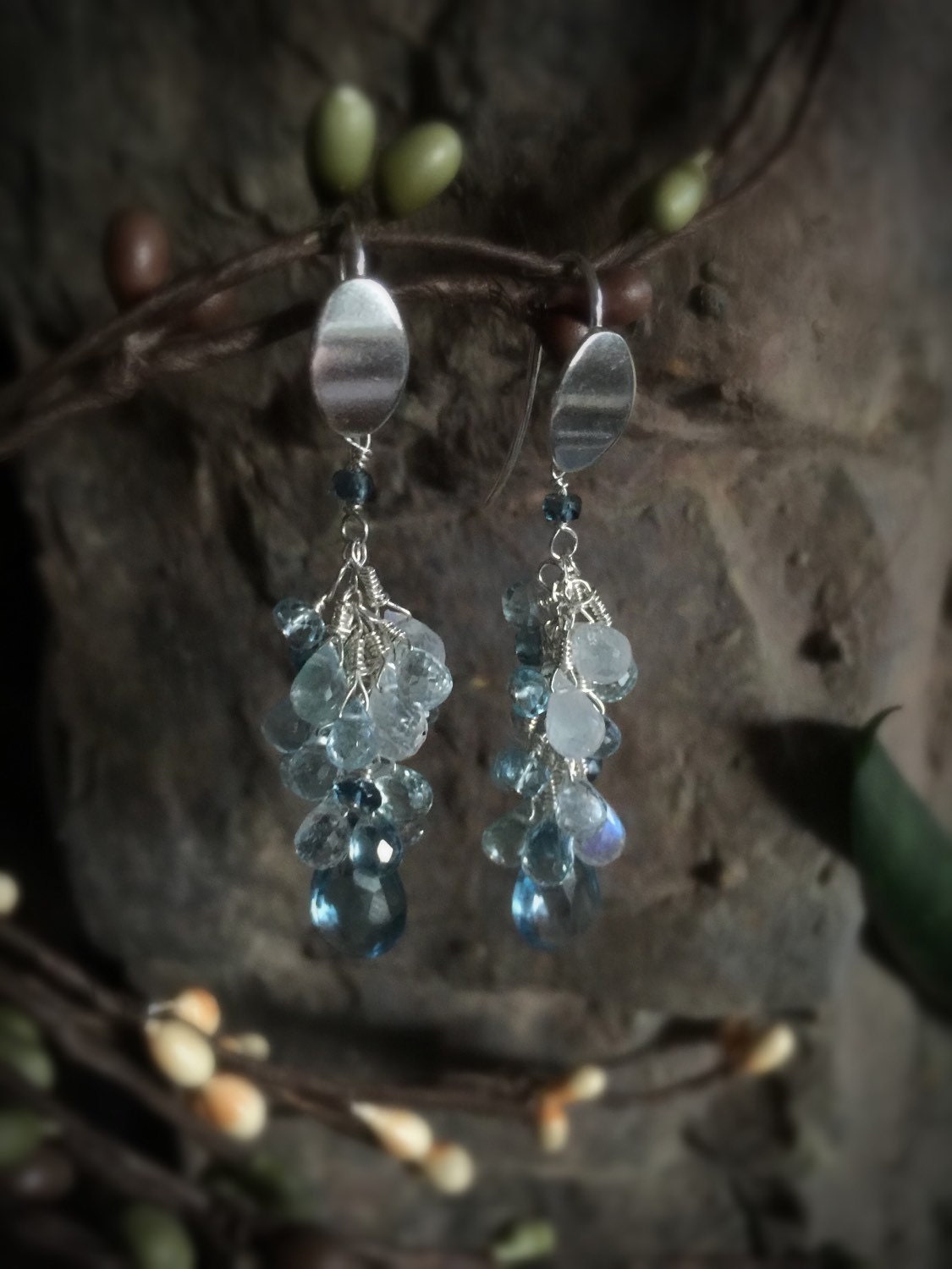 Beautiful London Blue Topaz, Aquamarine, and Moonstone Cluster Earrings