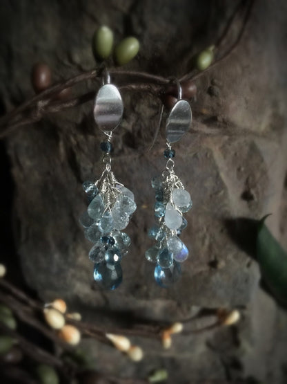 Beautiful London Blue Topaz, Aquamarine, and Moonstone Cluster Earrings