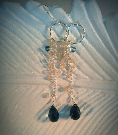 Striking London Blue Topaz and Champagne Sapphire Earrings