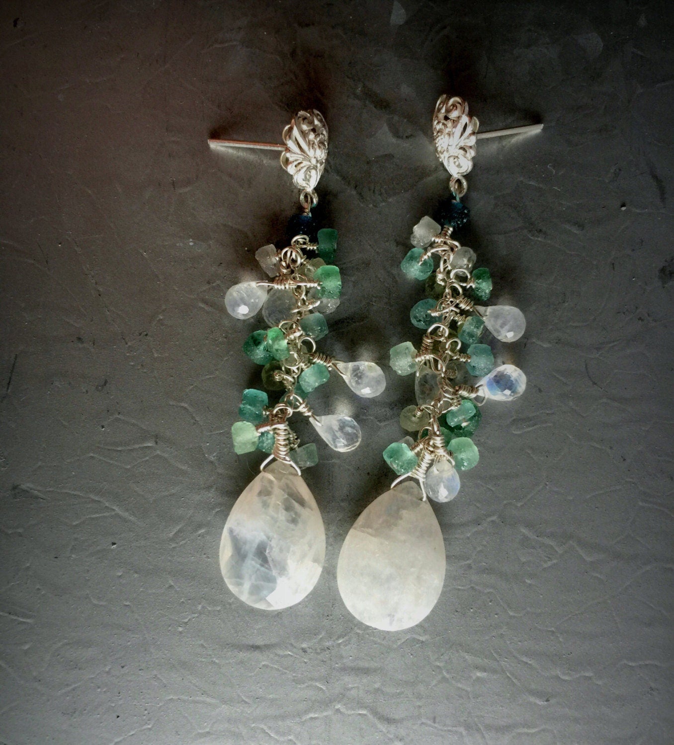 Ancient Roman Glass and Rainbow Moonstone Earrings