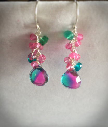 Teal and Hot Pink Quartz Earrings
