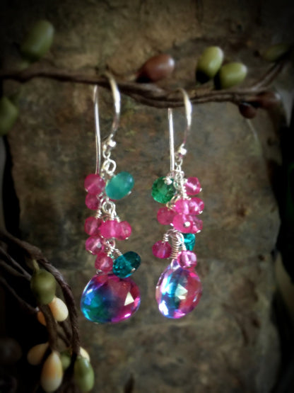 Teal and Hot Pink Quartz Earrings