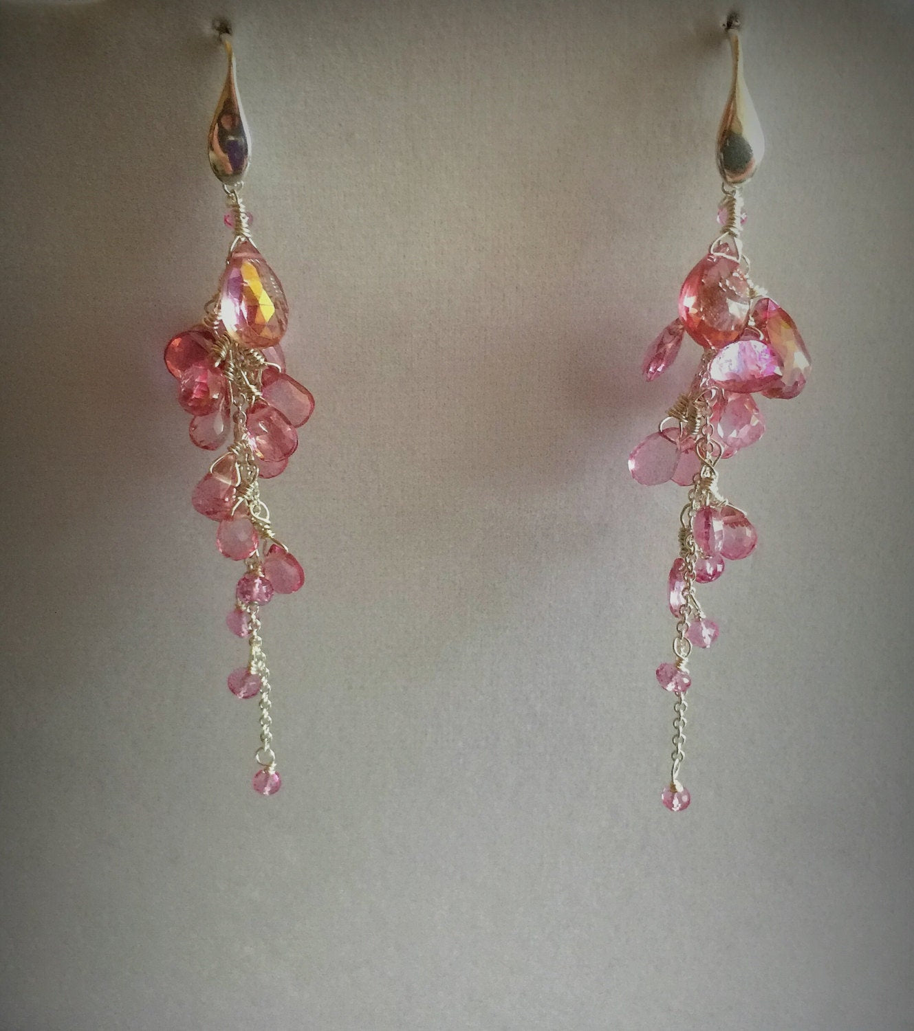 Bright Pink Topaz Reverse Cluster Long Dangle Silver Earrings