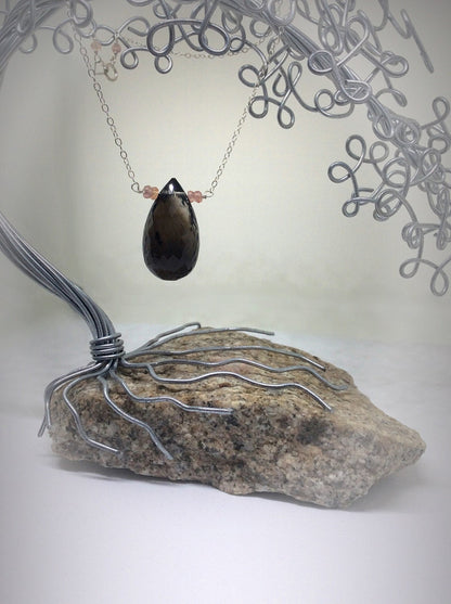 Large Smoky Quartz, Peach Sapphire, and Moustache Necklace
