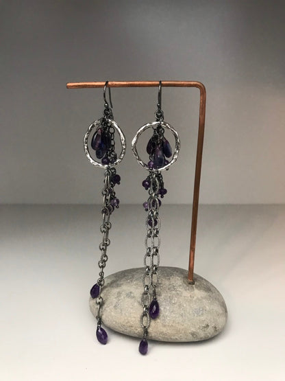 Long Amethyst & Kyanite Chain Earrings