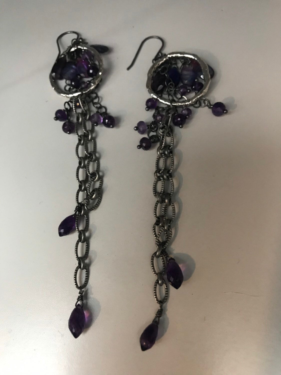 Long Amethyst & Kyanite Chain Earrings