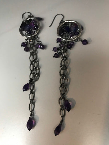 Long Amethyst & Kyanite Chain Earrings