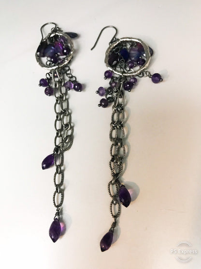 Long Amethyst & Kyanite Chain Earrings