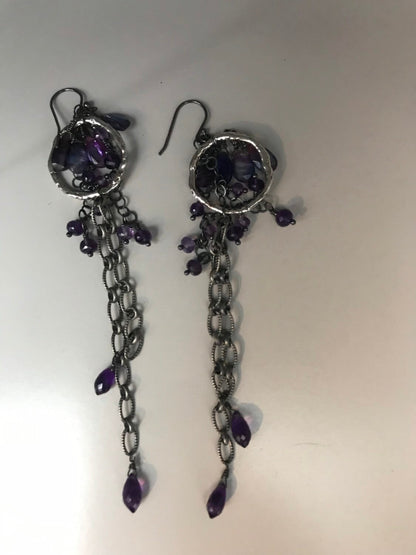 Long Amethyst & Kyanite Chain Earrings