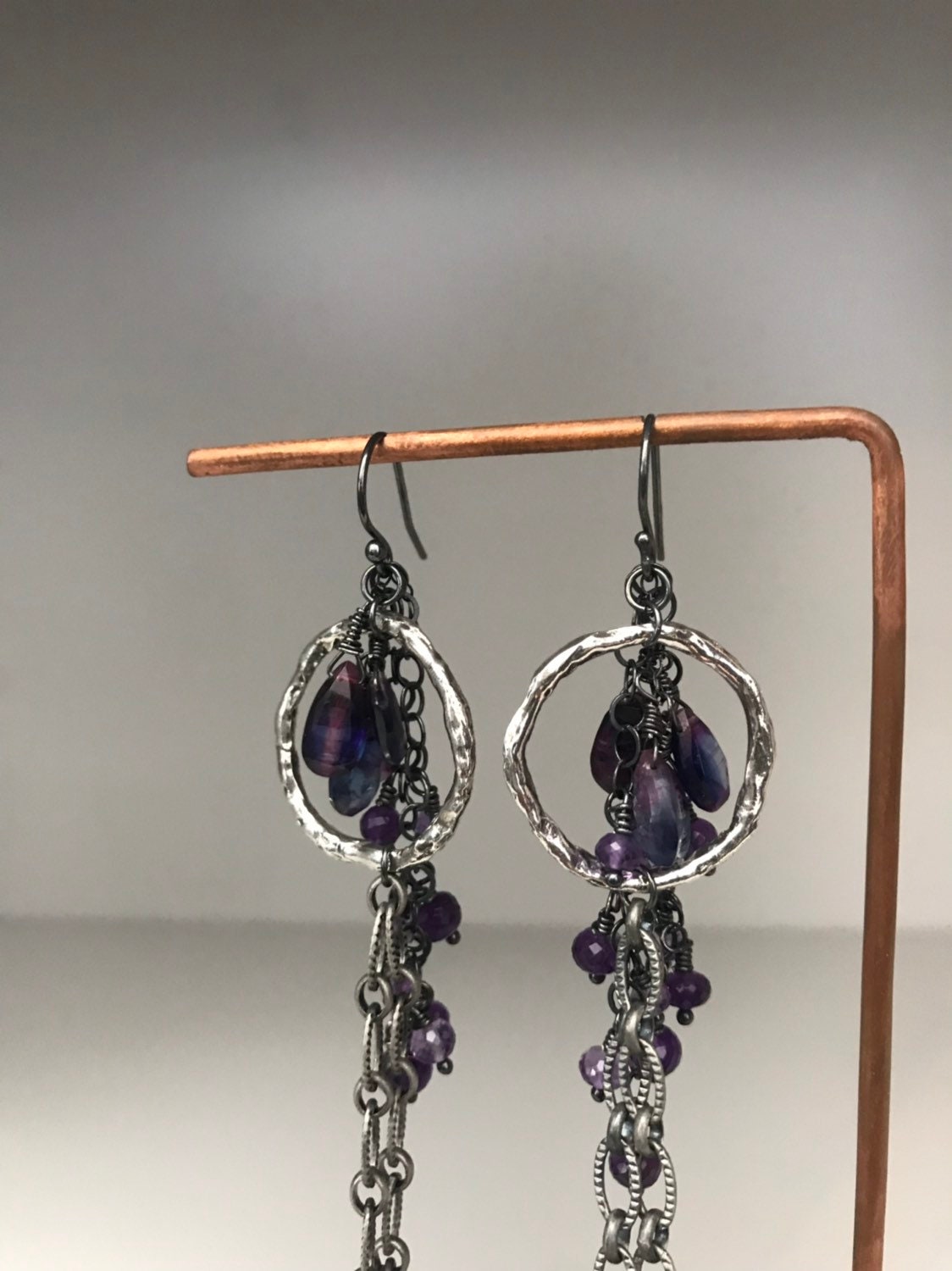 Long Amethyst & Kyanite Chain Earrings