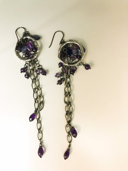 Long Amethyst & Kyanite Chain Earrings