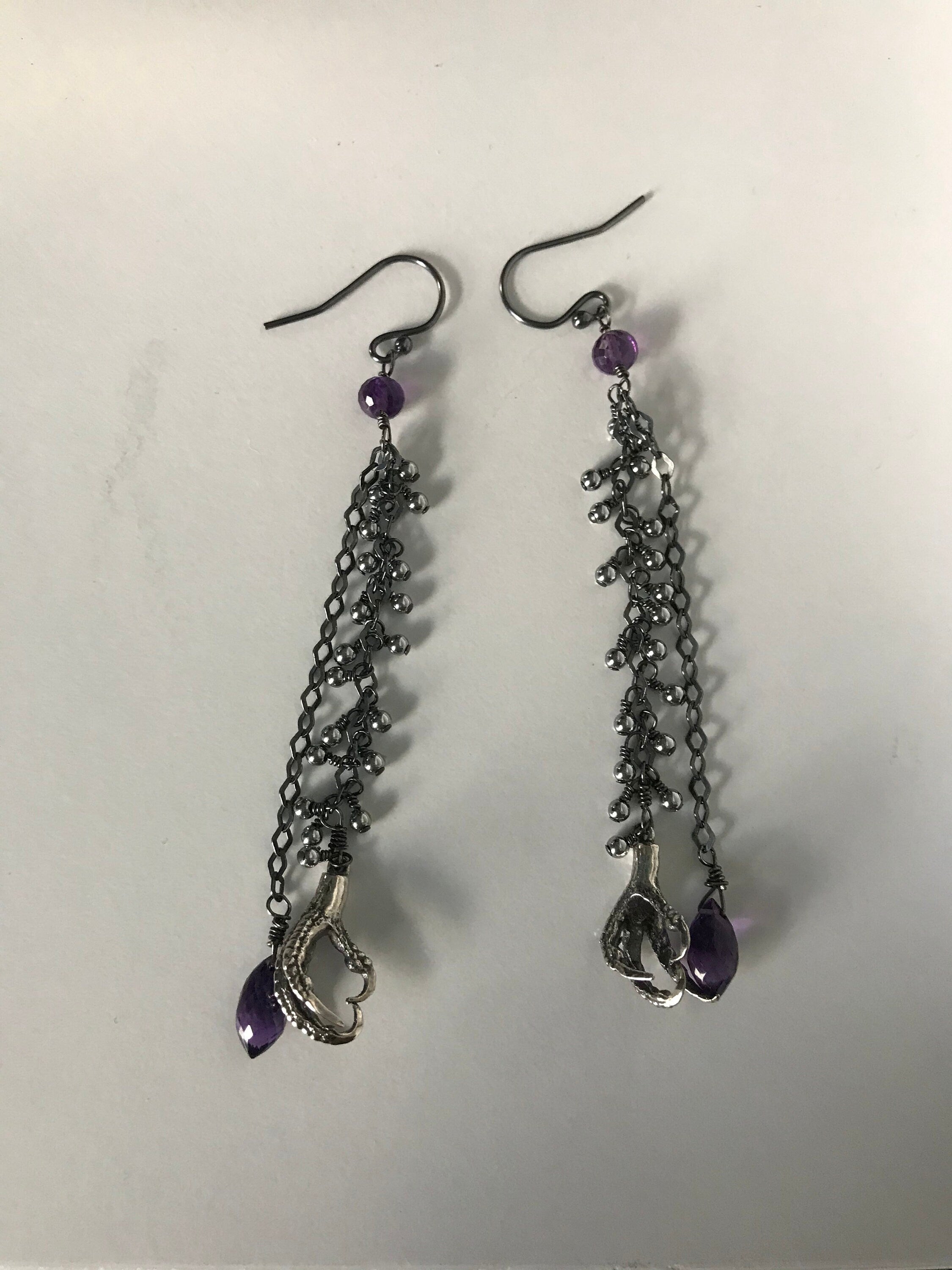 Amethyst & Bird Claw Long Chain Earrings