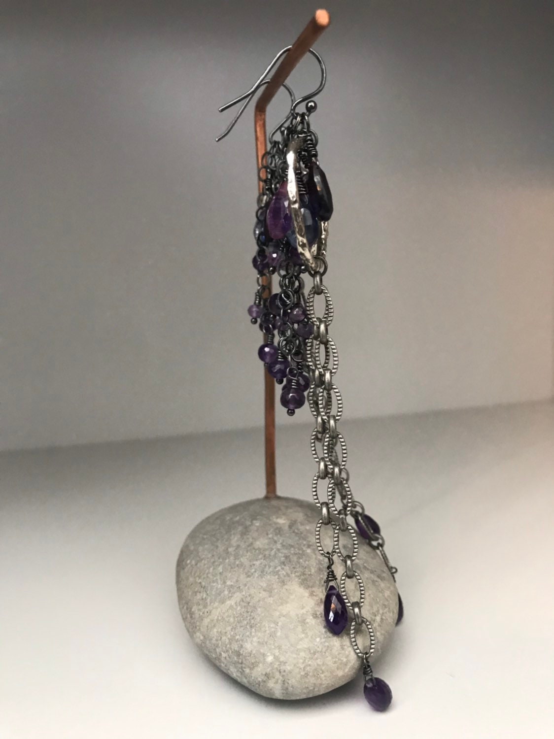 Long Amethyst & Kyanite Chain Earrings