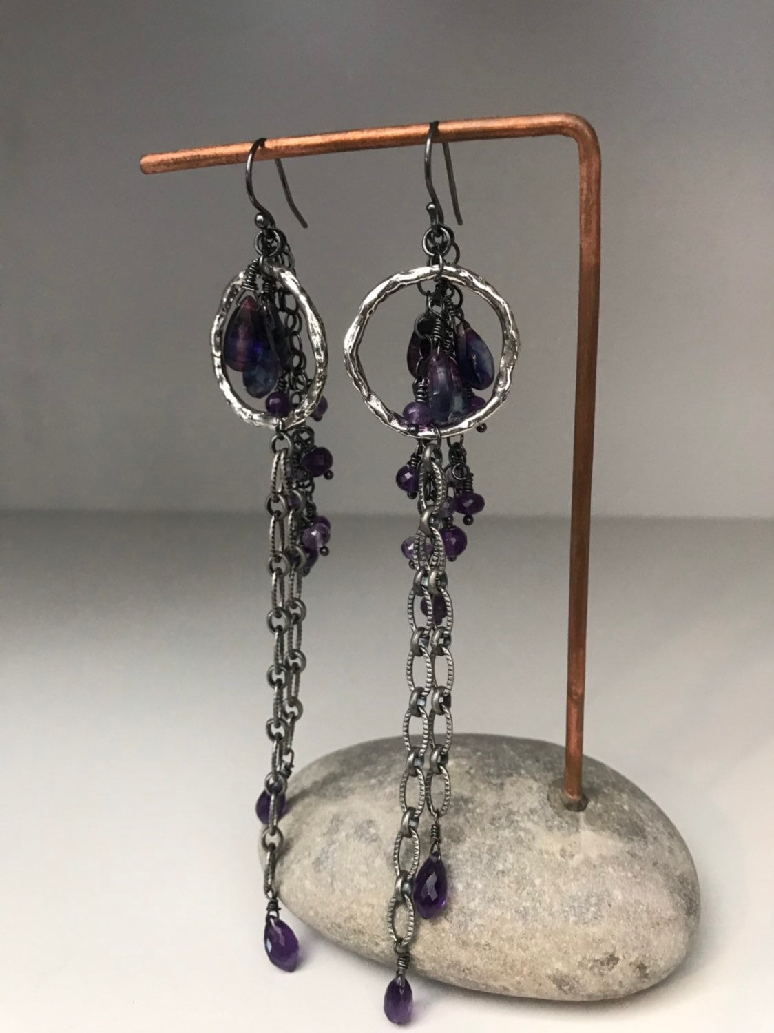 Long Amethyst & Kyanite Chain Earrings