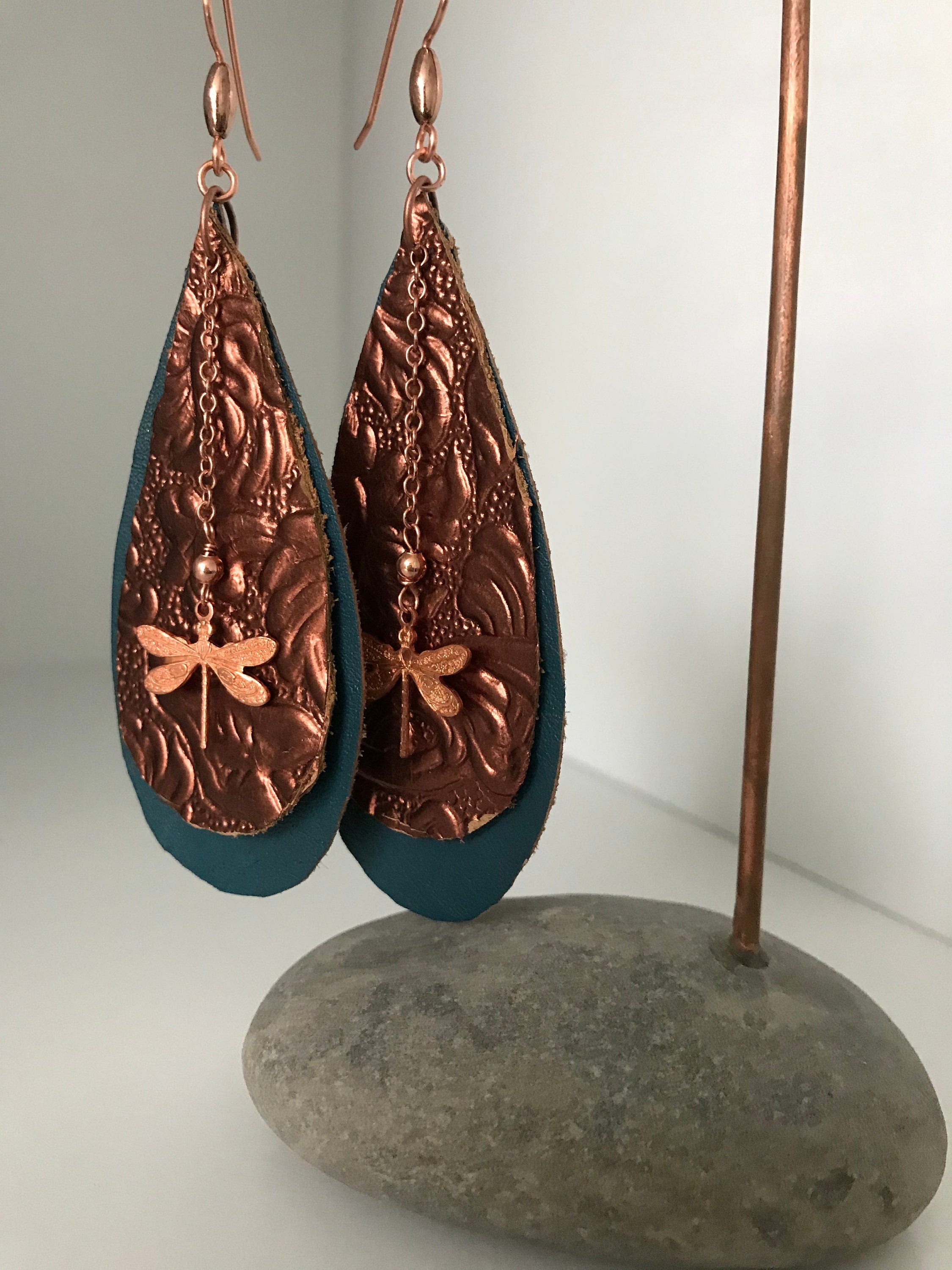 Copper Dragonfly and Leather Statement Earrings