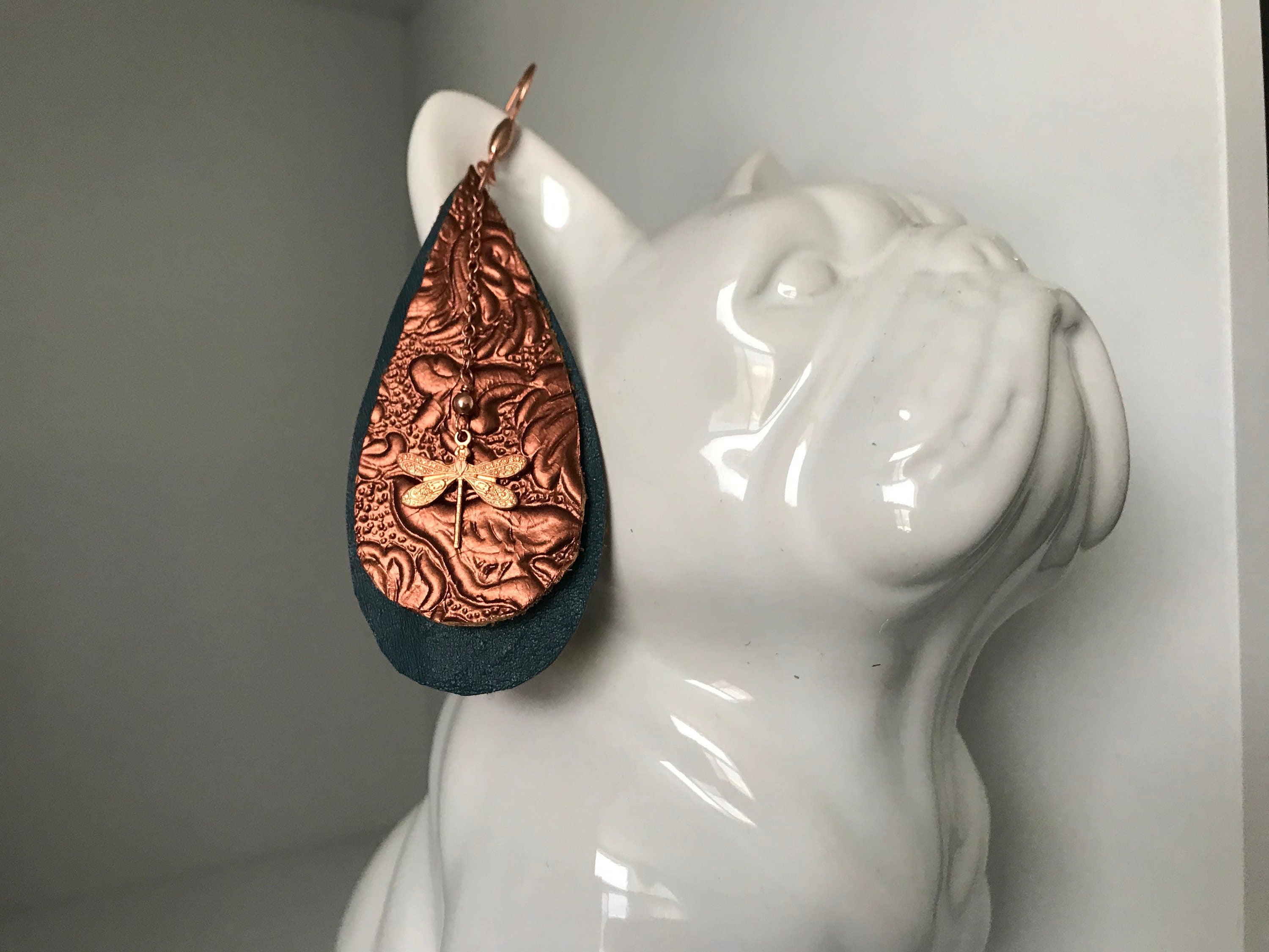 Copper Dragonfly and Leather Statement Earrings