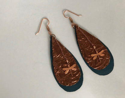 Copper Dragonfly and Leather Statement Earrings