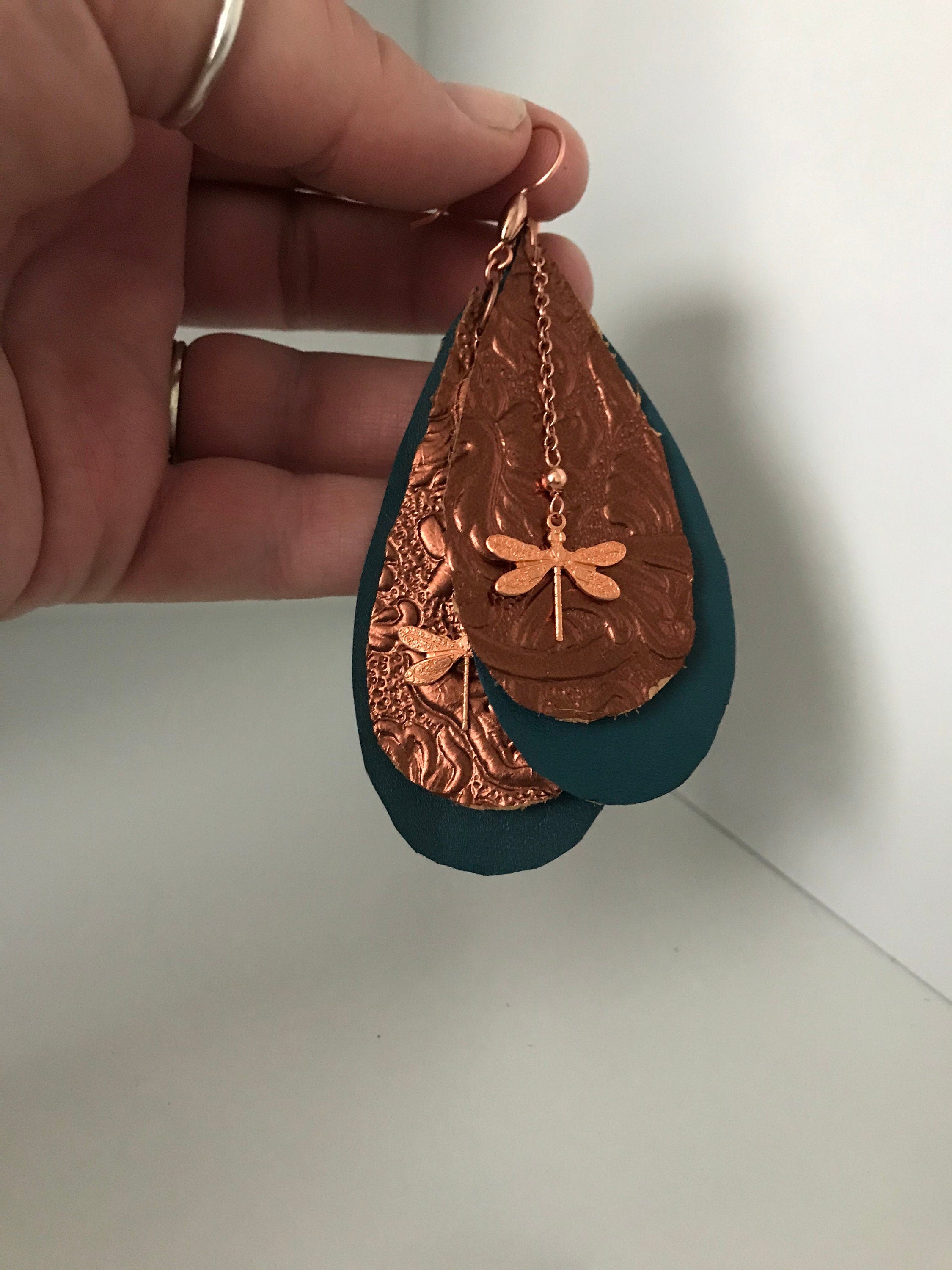 Copper Dragonfly and Leather Statement Earrings