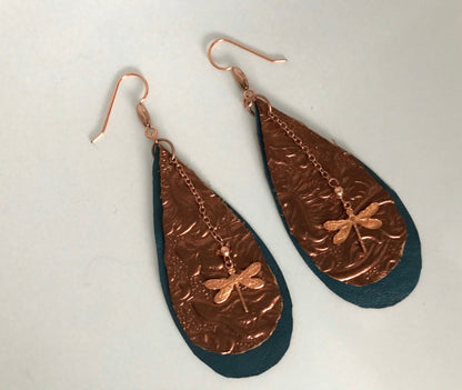 Copper Dragonfly and Leather Statement Earrings