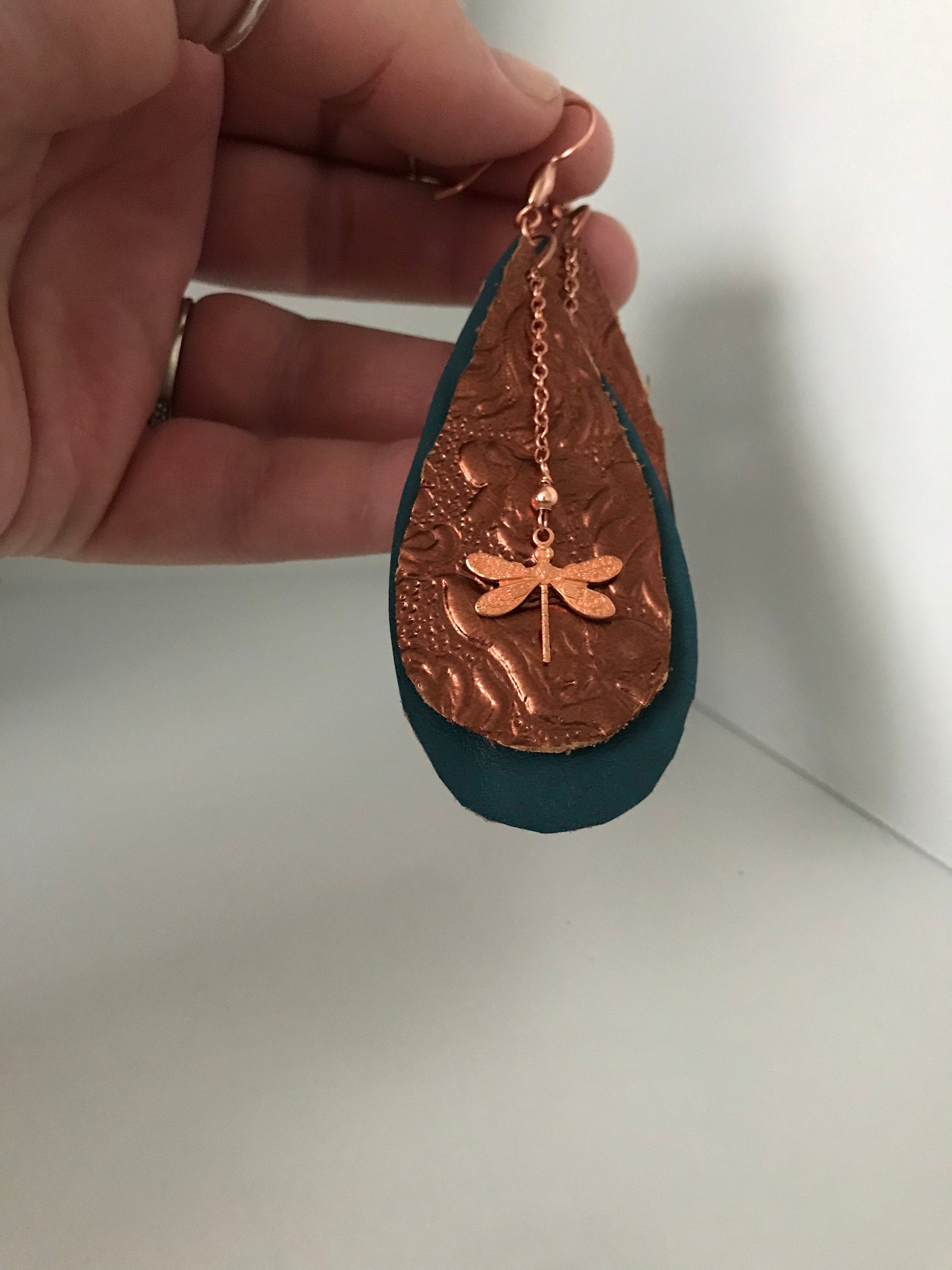 Copper Dragonfly and Leather Statement Earrings