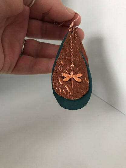 Copper Dragonfly and Leather Statement Earrings