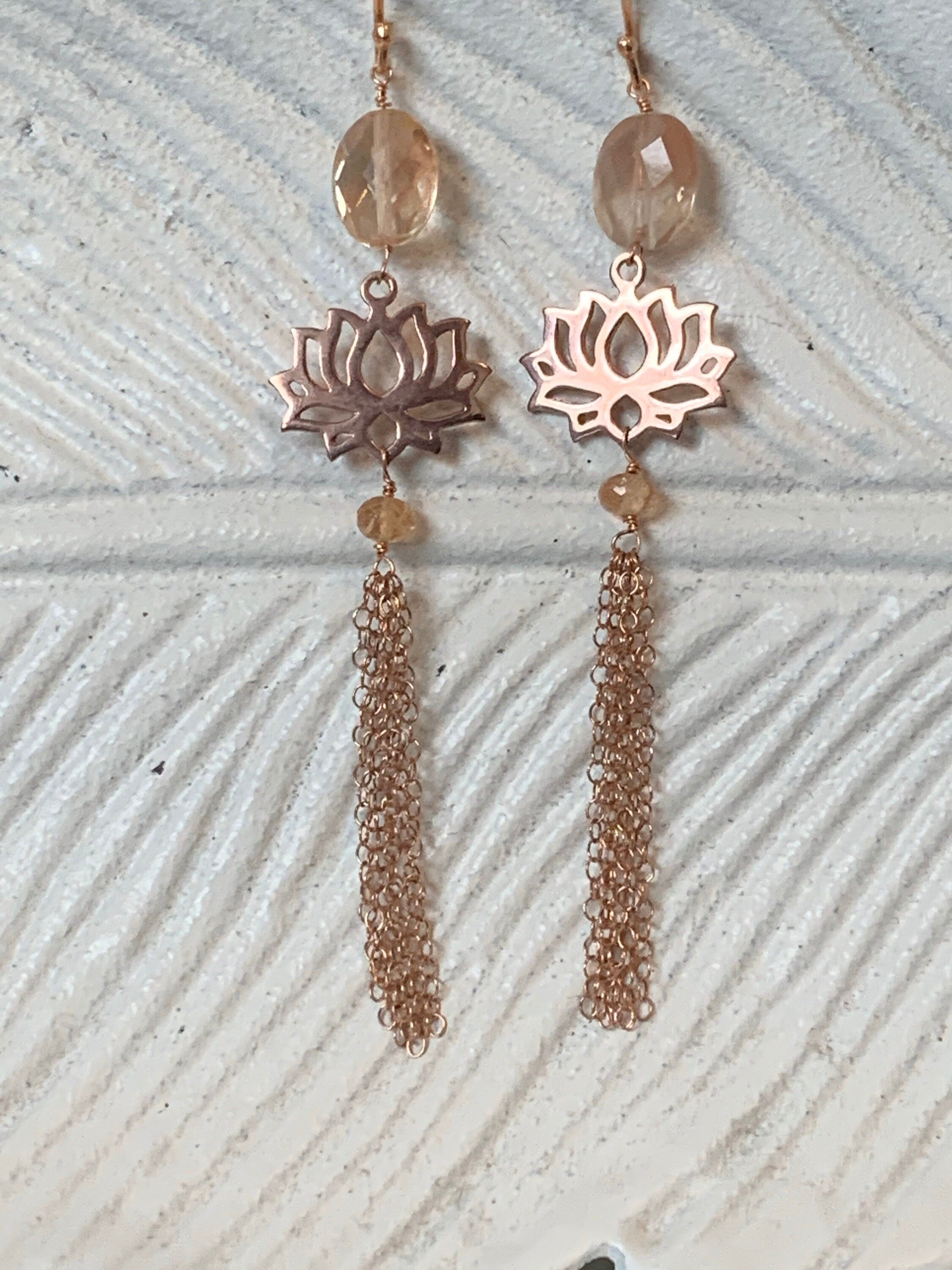 Beautiful Oregon Sunstone and Rose Gold Tassel Earrings