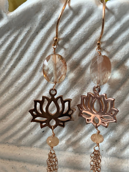 Beautiful Oregon Sunstone and Rose Gold Tassel Earrings