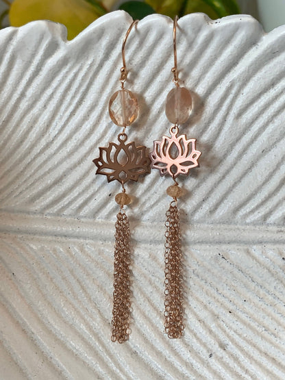 Beautiful Oregon Sunstone and Rose Gold Tassel Earrings