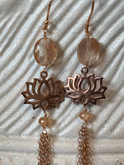 Beautiful Oregon Sunstone and Rose Gold Tassel Earrings