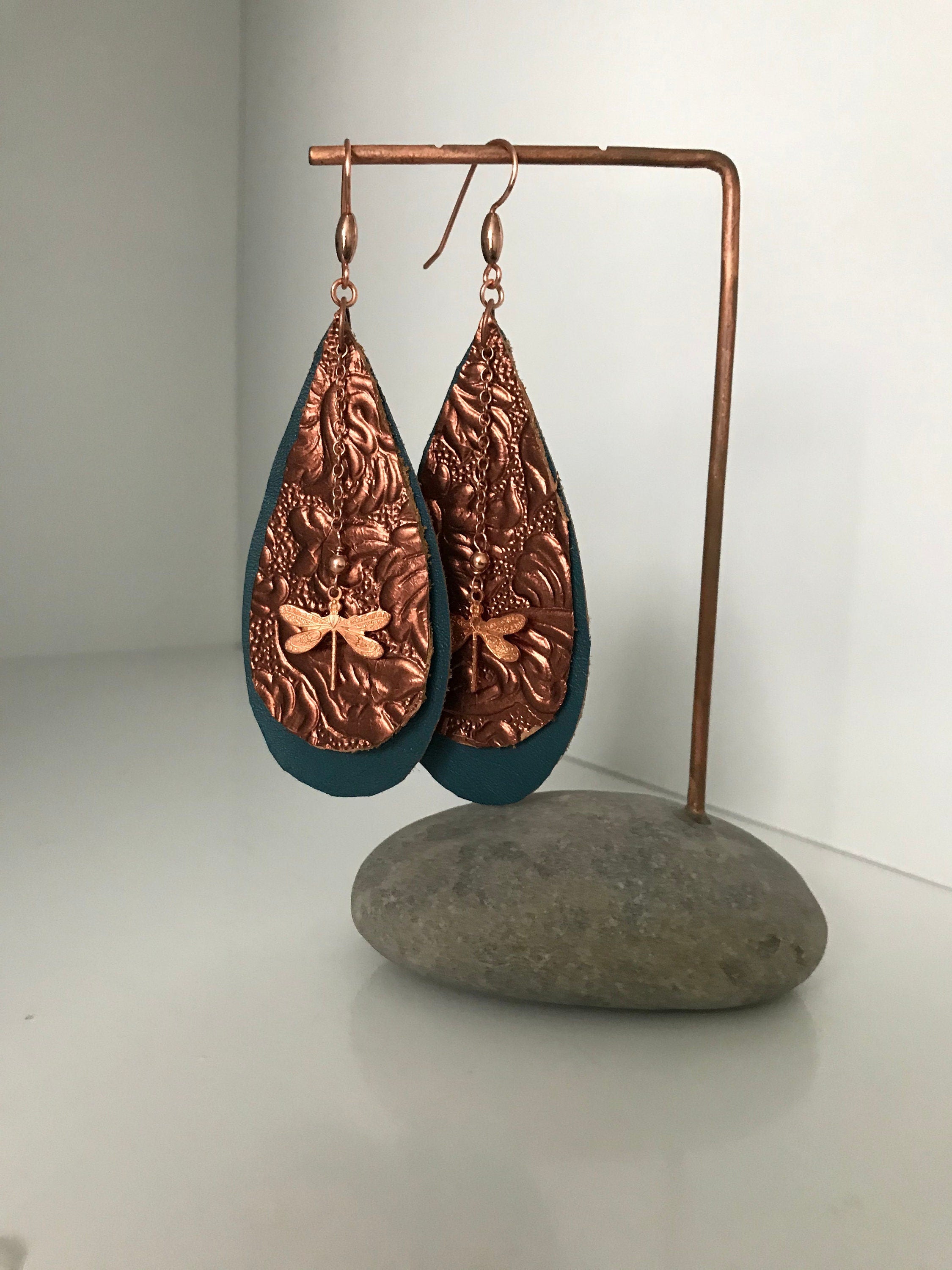 Copper Dragonfly and Leather Statement Earrings