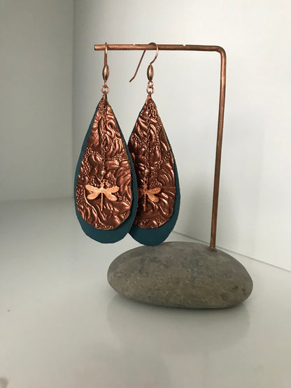Copper Dragonfly and Leather Statement Earrings