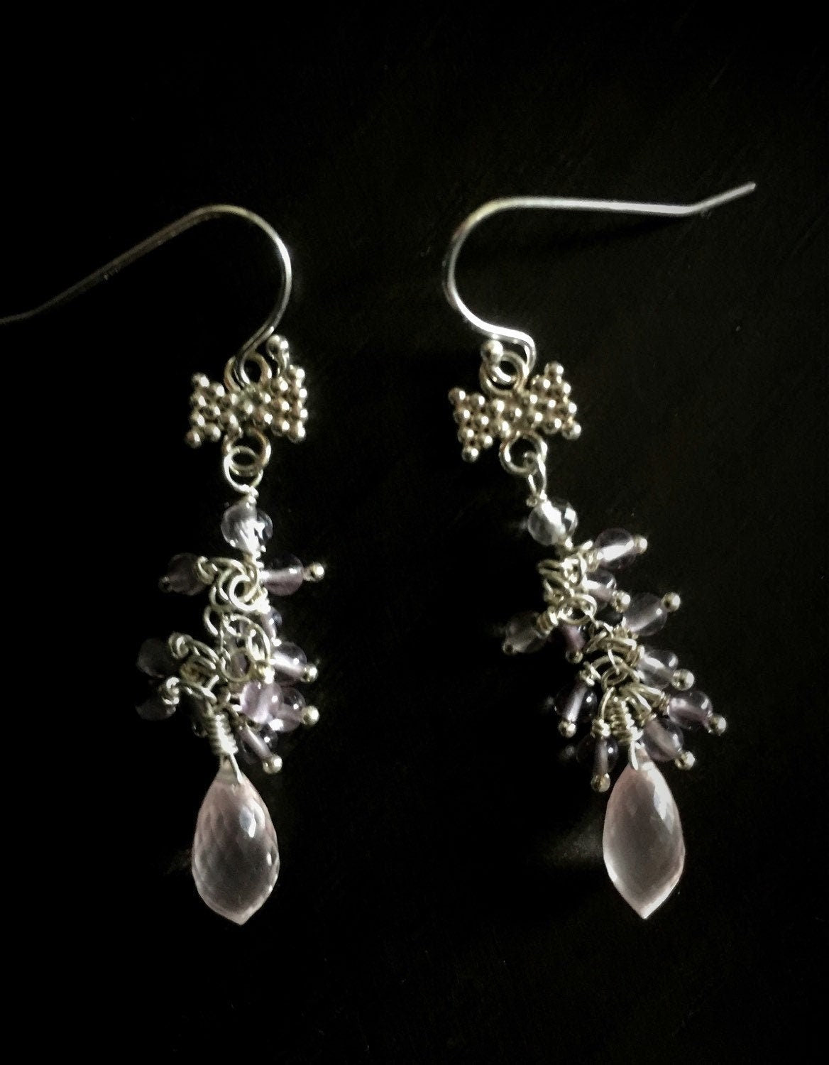 Rose Quartz and Purple Amethyst Silver Bow Earrings