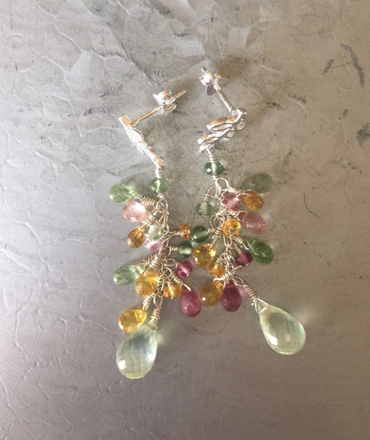 Sunny Tourmaline, Prehnite, and Yellow Sapphire Drop Earrings