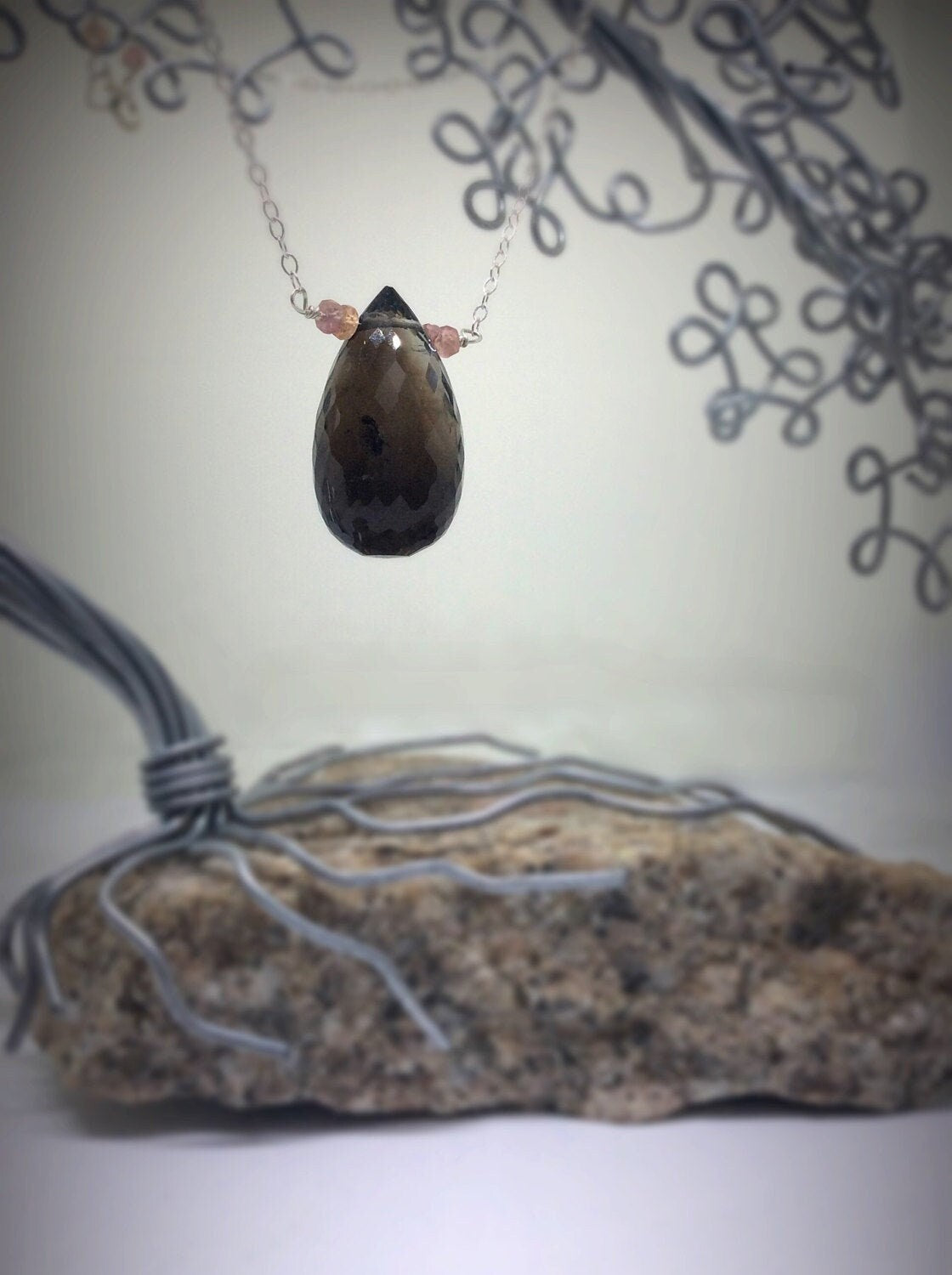 Large Smoky Quartz, Peach Sapphire, and Moustache Necklace