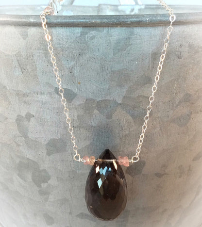 Large Smoky Quartz, Peach Sapphire, and Moustache Necklace