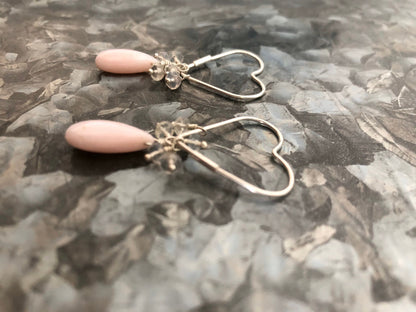 Petal Pink Opal and Ceylon Rainbow Moonstone Silver Heart Earrings