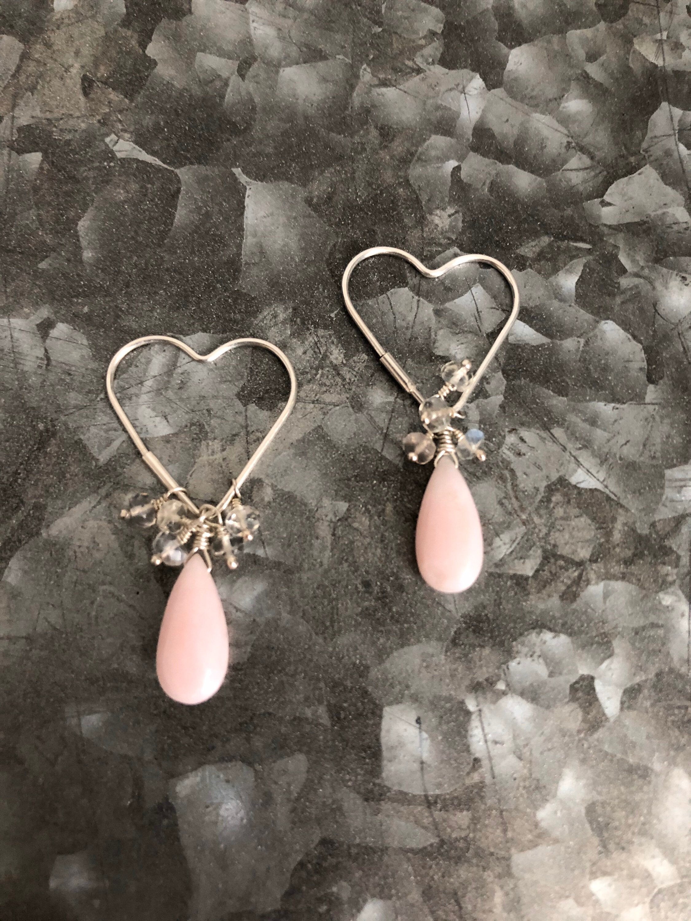 Petal Pink Opal and Ceylon Rainbow Moonstone Silver Heart Earrings