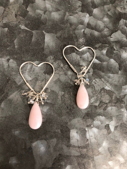 Petal Pink Opal and Ceylon Rainbow Moonstone Silver Heart Earrings