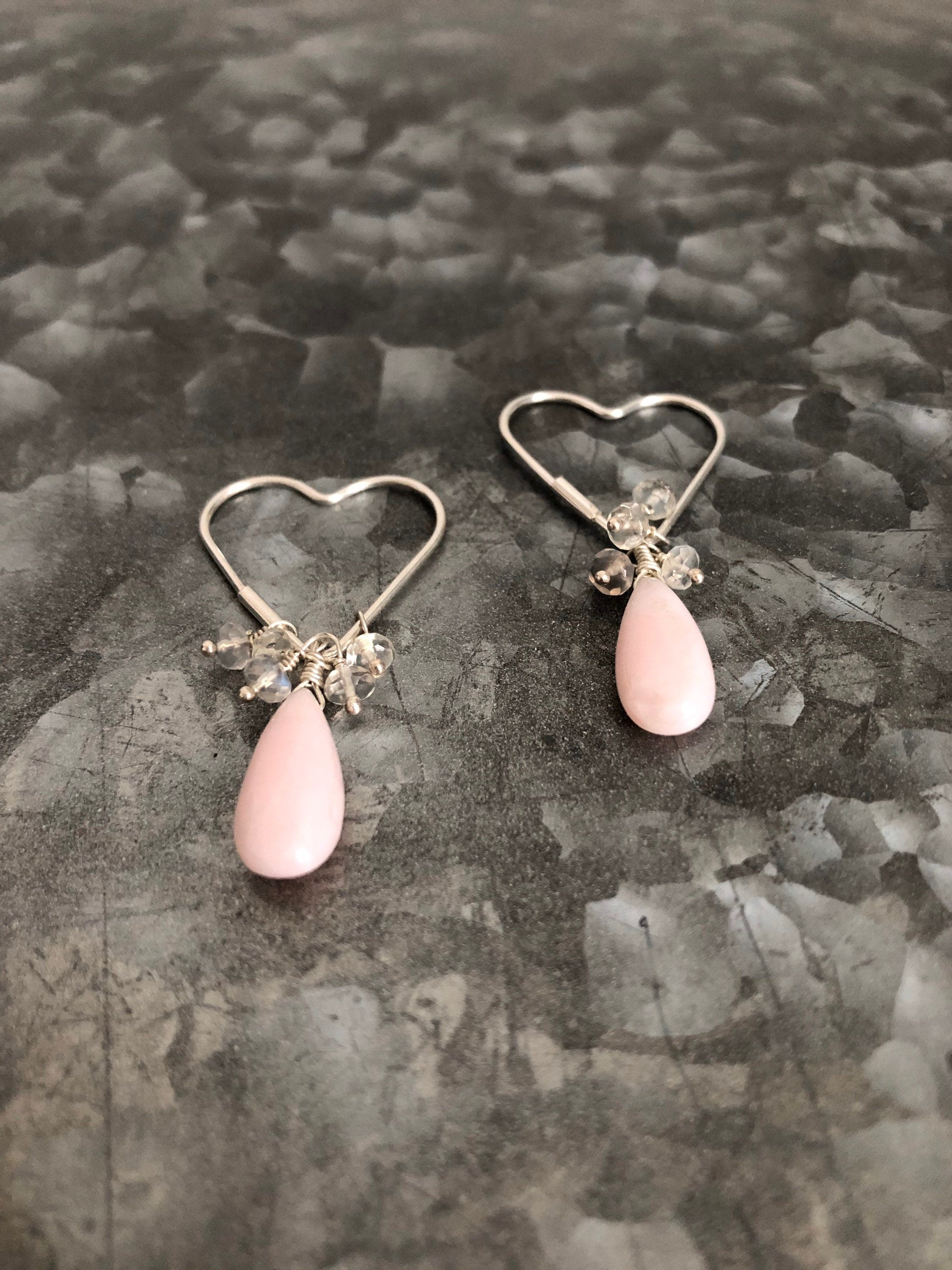 Petal Pink Opal and Ceylon Rainbow Moonstone Silver Heart Earrings