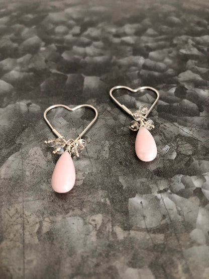 Petal Pink Opal and Ceylon Rainbow Moonstone Silver Heart Earrings