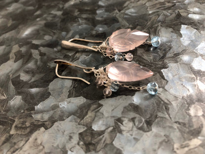 Petal Pink Carved Rose Quartz and Santa Maria Aquamarine Silver Earrings