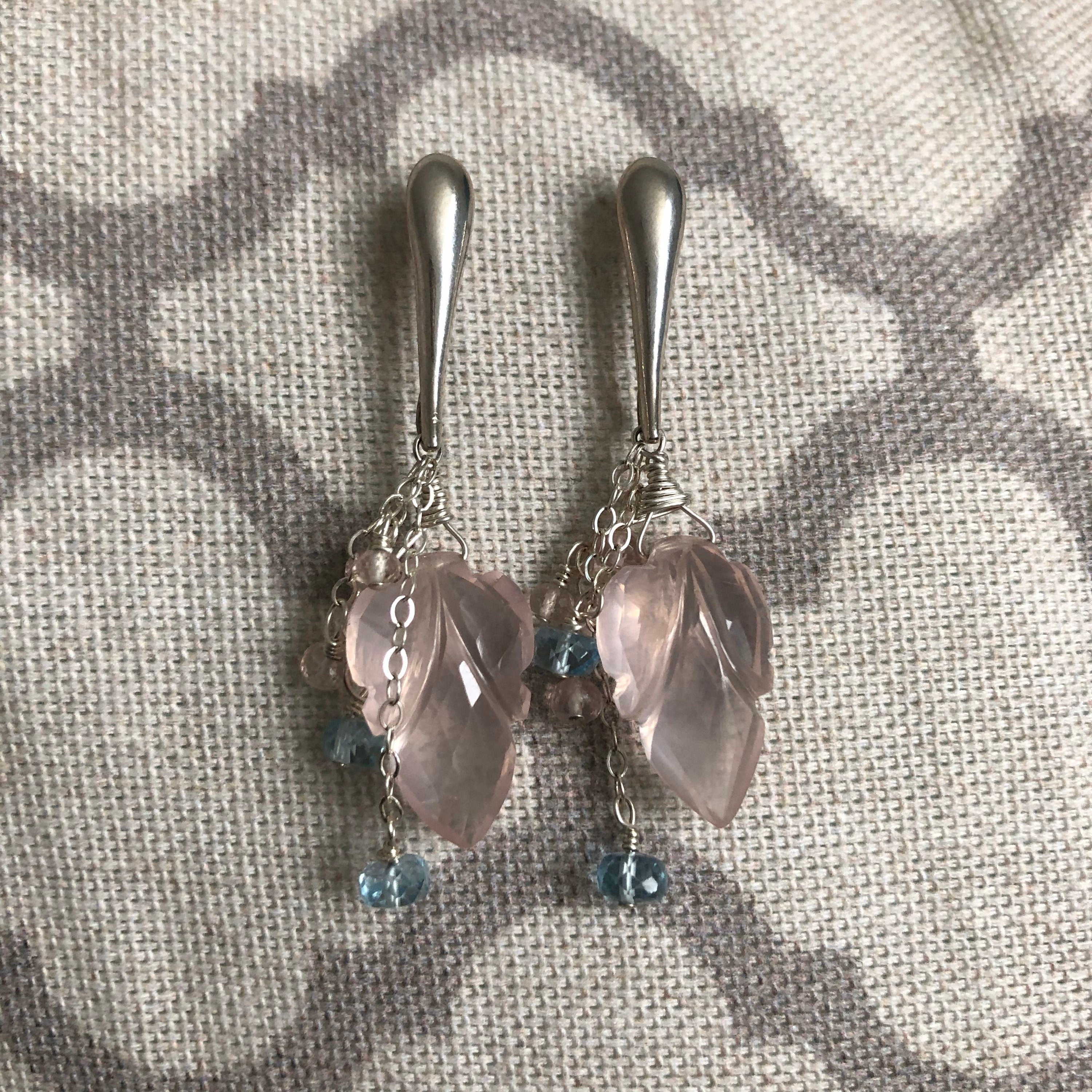 Petal Pink Carved Rose Quartz and Santa Maria Aquamarine Silver Earrings