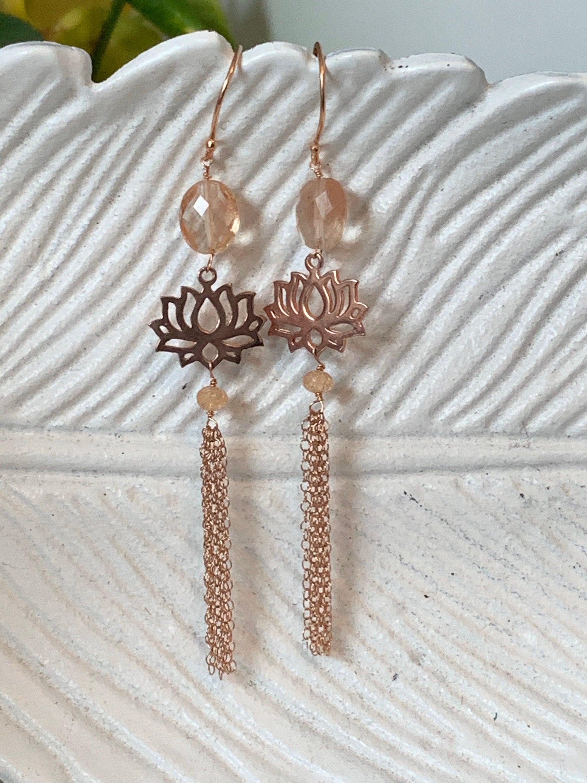 Beautiful Oregon Sunstone and Rose Gold Tassel Earrings