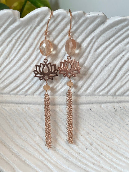 Beautiful Oregon Sunstone and Rose Gold Tassel Earrings