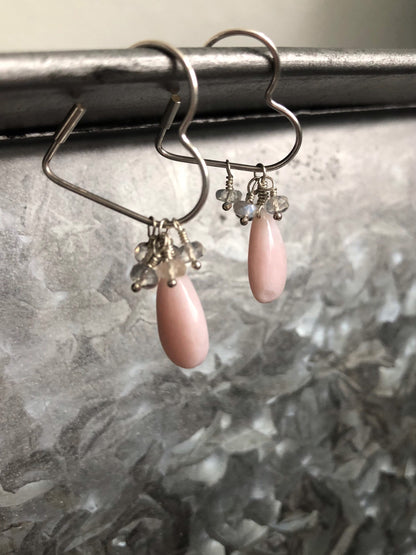 Petal Pink Opal and Ceylon Rainbow Moonstone Silver Heart Earrings