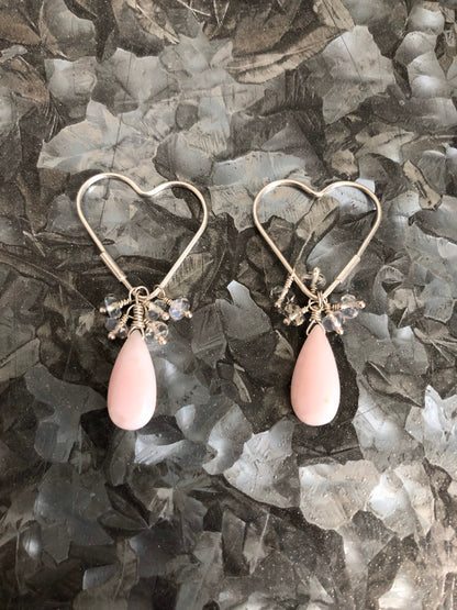 Petal Pink Opal and Ceylon Rainbow Moonstone Silver Heart Earrings