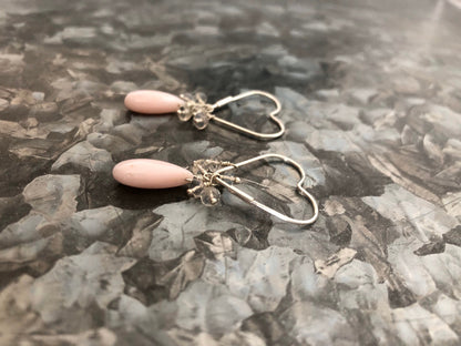 Petal Pink Opal and Ceylon Rainbow Moonstone Silver Heart Earrings