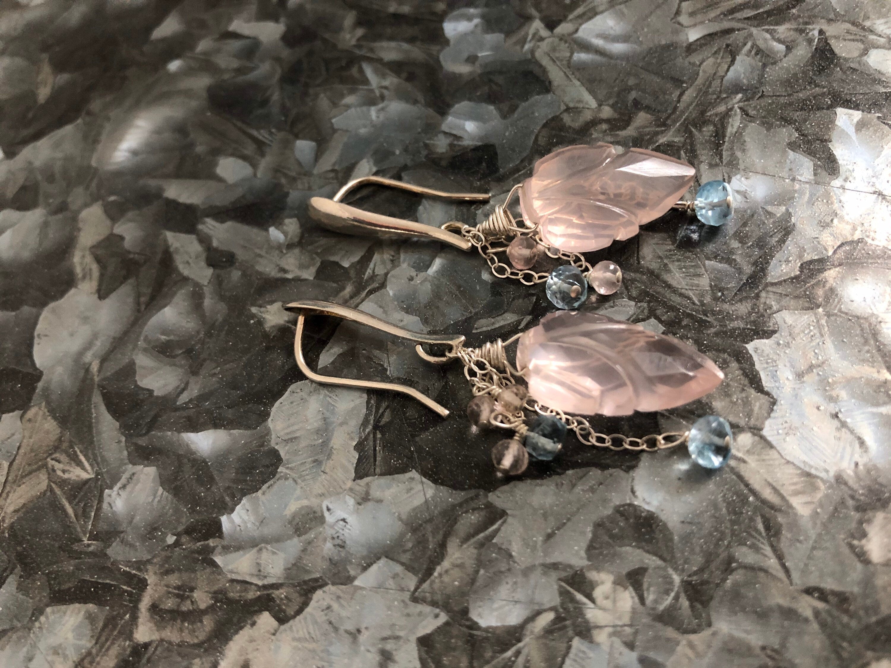 Petal Pink Carved Rose Quartz and Santa Maria Aquamarine Silver Earrings
