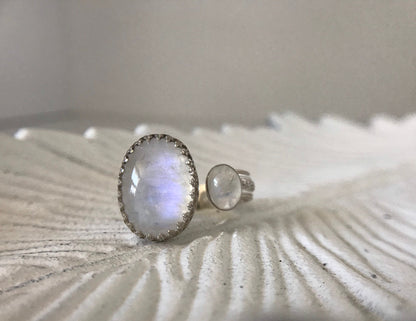 Open Concept Double Rainbow Moonstone Adjustable Ring