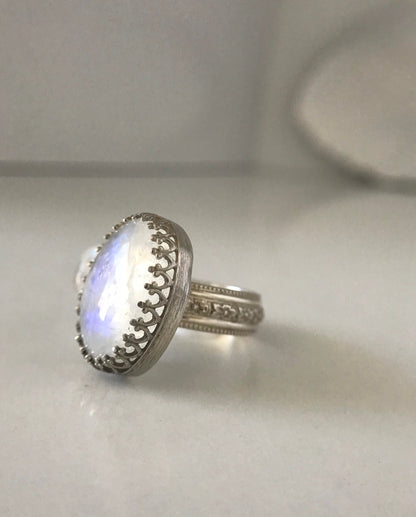 Open Concept Double Rainbow Moonstone Adjustable Ring